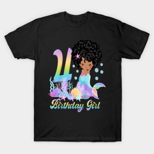 Kids Four 4Th Birthday 4 Year Old Girl African American Mermaid T-Shirt